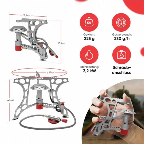 EVOCAMP kompakter Gaskocher 3.2 kW + 3 Gaskartusche 500 g mit Piezozündung, Camping Stove, Mini-Gaskocher - ideal für Camping, Angeln und Outdoor EVOCAMP kompakter Gaskocher 3.2 kW + 3 Gaskartusche 500 g mit Piezozündung, Camping Stove, Mini-Gaskocher - ideal für Camping, Angeln und Outdoor