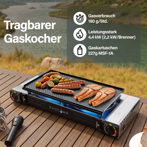EVOCAMP Gaskocher 2-flammig mit Piezozündung mit Grillaufsatz 45 cm EVOCAMP Gaskocher 2-flammig mit Piezozündung mit Grillaufsatz 45 cm