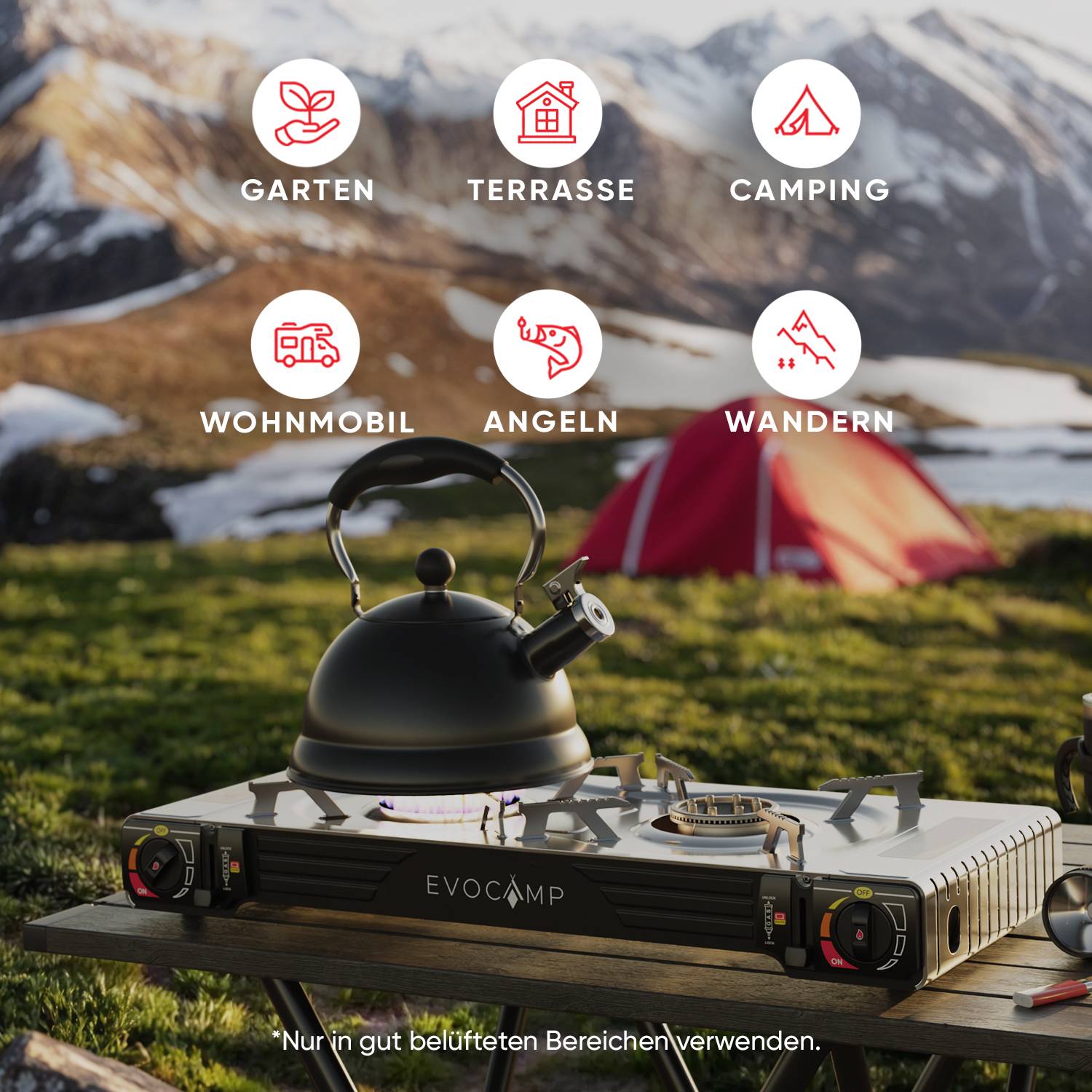 EVOCAMP Gaskocher 2-flammig mit Piezozündung mit 4 Gaskartuschen und Grillaufsatz 45 cm