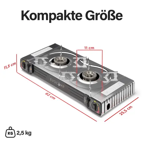 EVOCAMP Gaskocher 2-flammig mit Piezozündung mit Grillaufsatz 32 cm EVOCAMP Gaskocher 2-flammig mit Piezozündung mit Grillaufsatz 32 cm