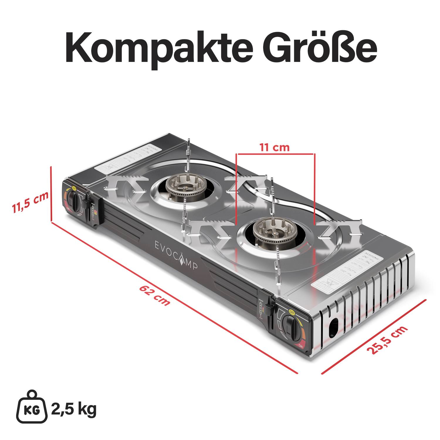EVOCAMP Gaskocher 2-flammig mit Piezozündung, mit Grillaufsatz 38 cm ohne Gaskartuschen
