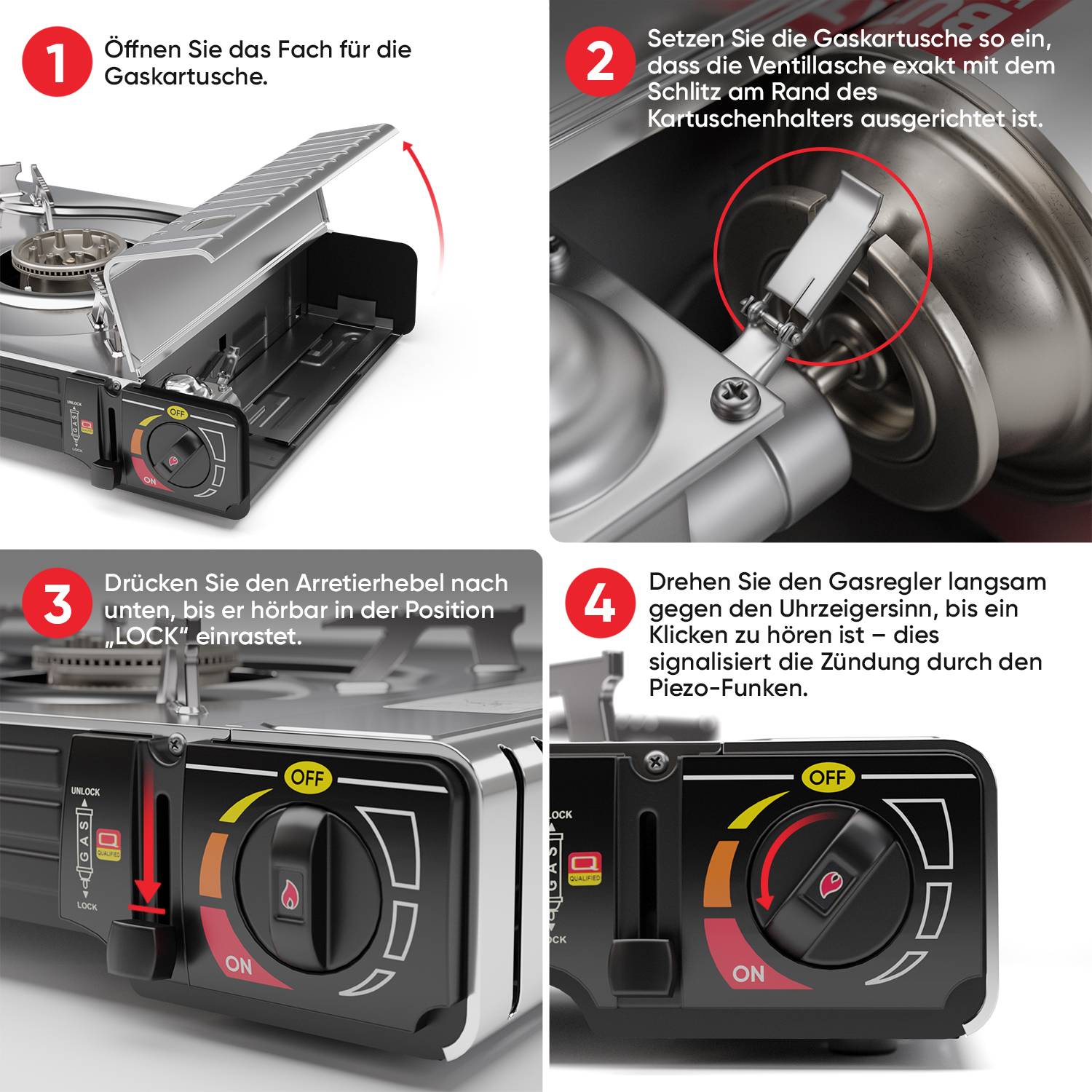 EVOCAMP Gaskocher 2-flammig mit Piezozündung mit Grillaufsatz 45 cm