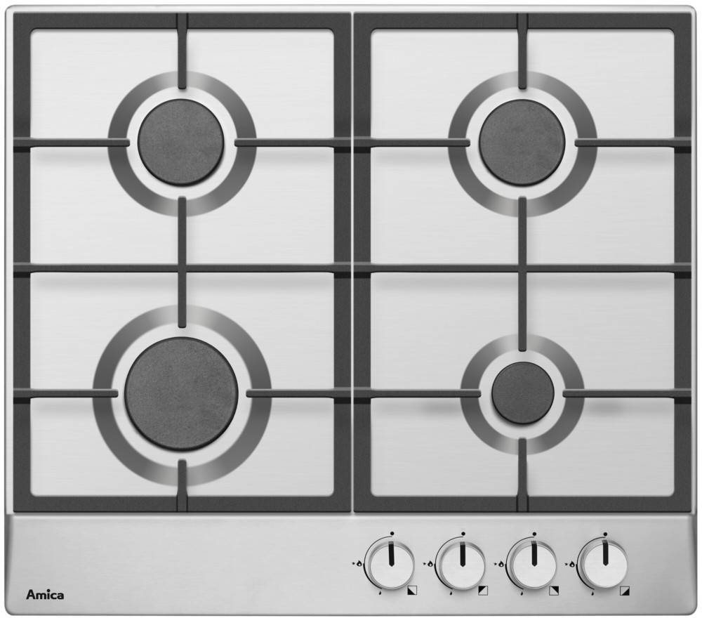 Ein Gasherd aus Edelstahl mit vier Brennern und Bedienknöpfen unten rechts, mit modernem und minimalem Design.