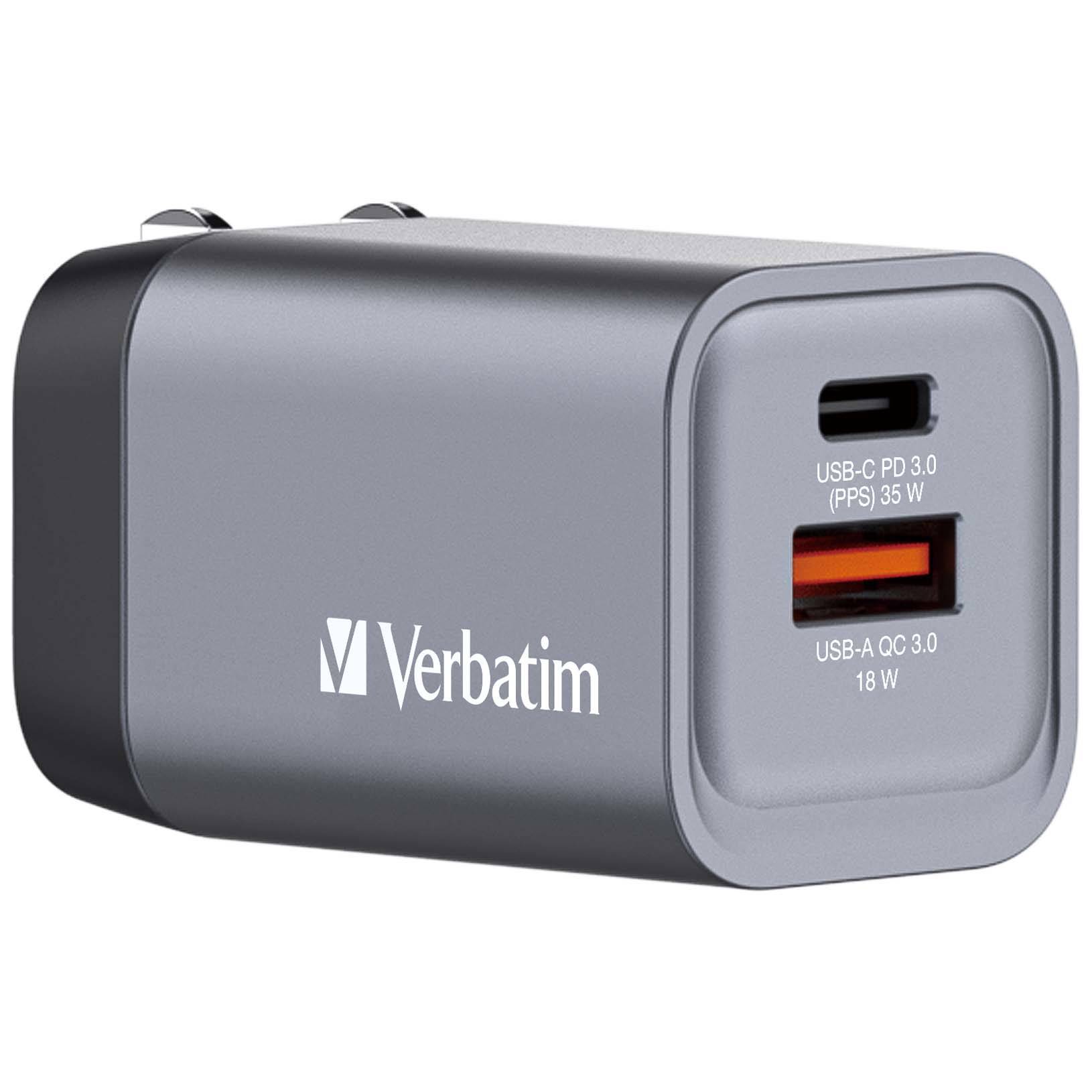 Verbatim GaN Charger 35 W, 2 Ports USB-C Ladegerät, Power Adapter mit USB-C und USB-A, Schnellladegerät