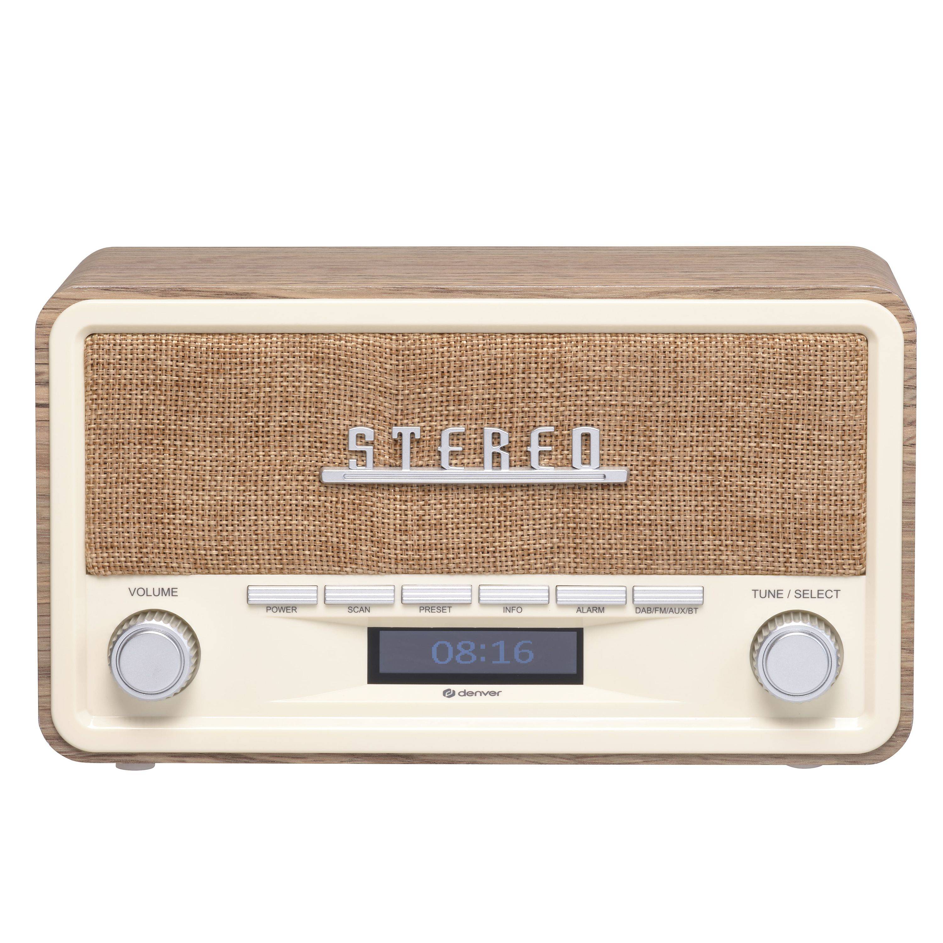Vintage-Radio im Retro-Stil mit gewebtem Frontgitter, digitale Zeitanzeige zeigt 08:16, Lautstärke- und Abstimmknöpfe sowie Voreinstellungstasten.
