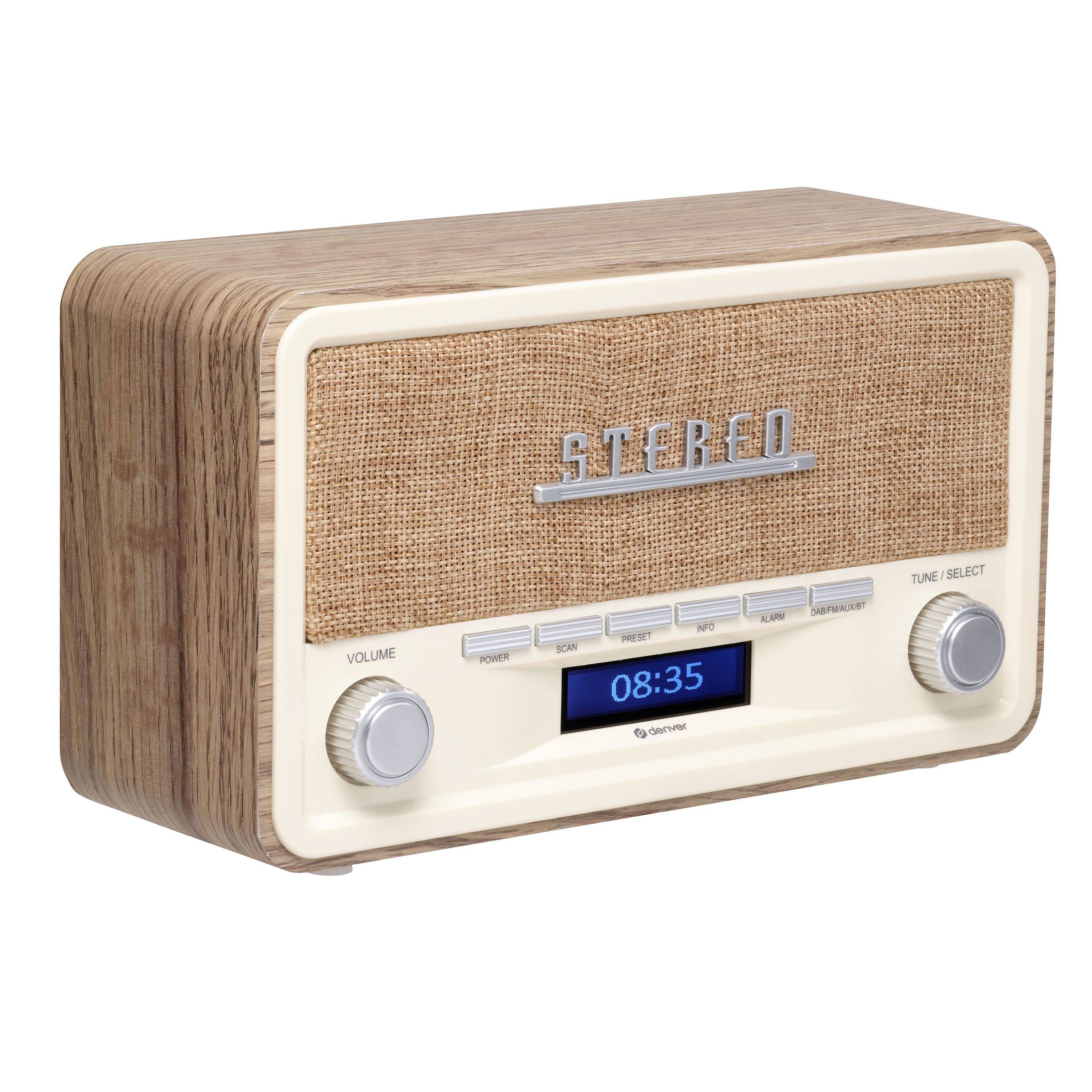 Nostalgisches hölzernes Tischplatten-Stereo-Radio mit Stoff-Lautsprechergitter, digitales Uhr-Display zeigt 08:35 an, und Lautstärke-/Abstimmungsregler