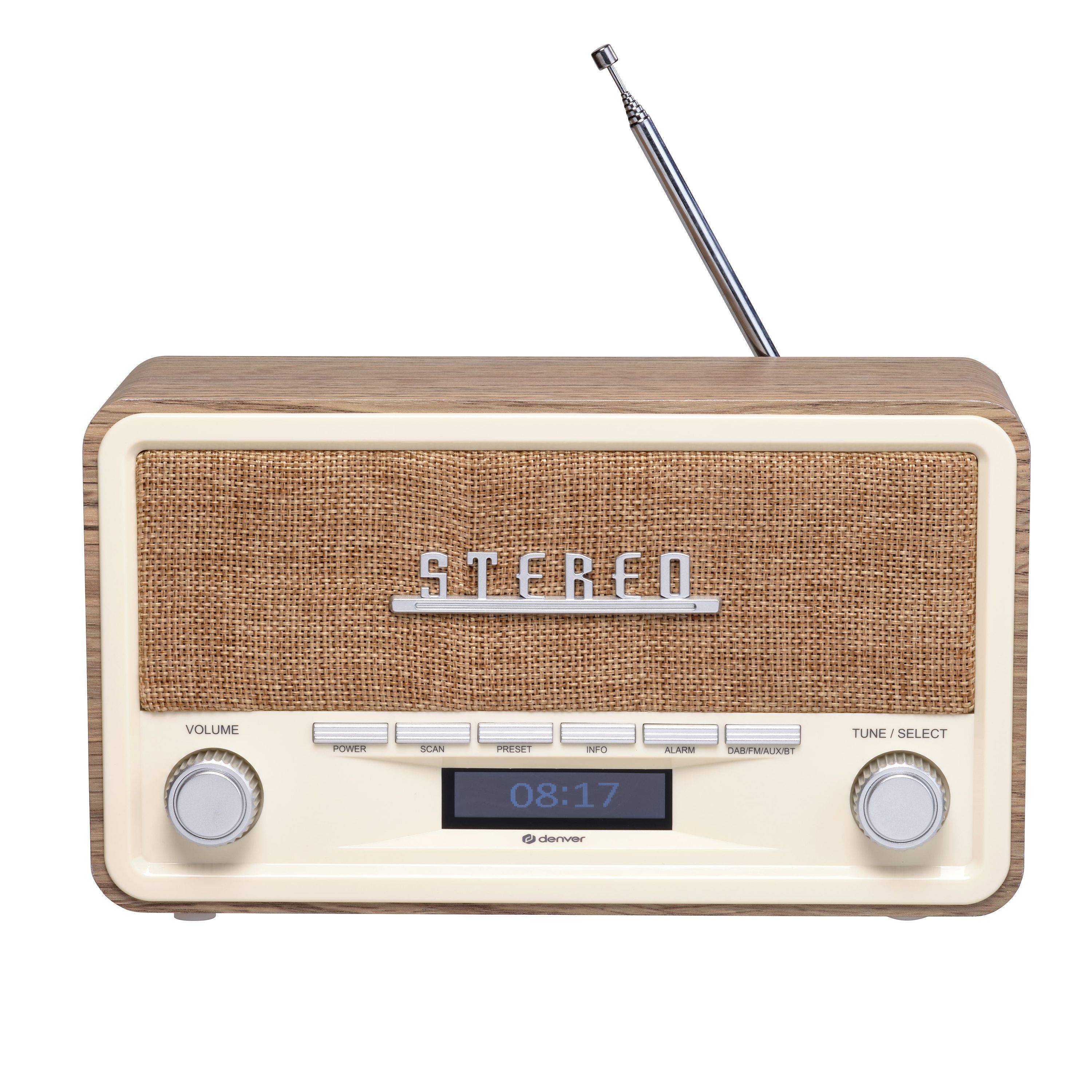 Vintage Tischstereo-Radio mit Antenne, Holzfinish, Lautsprechergitter, Display mit Anzeige 08:17 und Lautstärke- sowie Abstimmungsreglern.