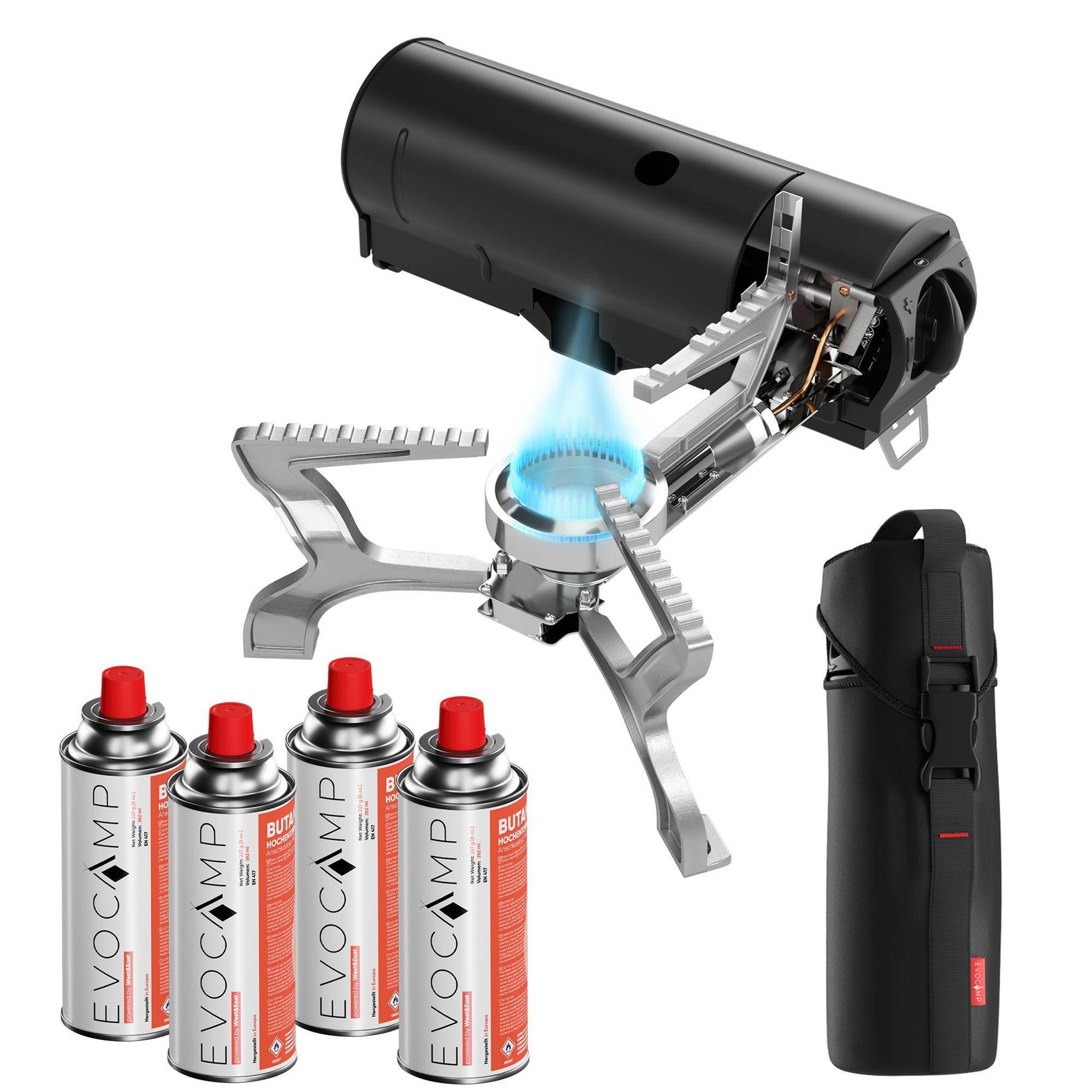 EVOCAMP Klappbarer Gaskocher + 4 Gaskartuschen, mit Tragetasche, faltbar mit Piezozündung ohne Wärmeleitblech