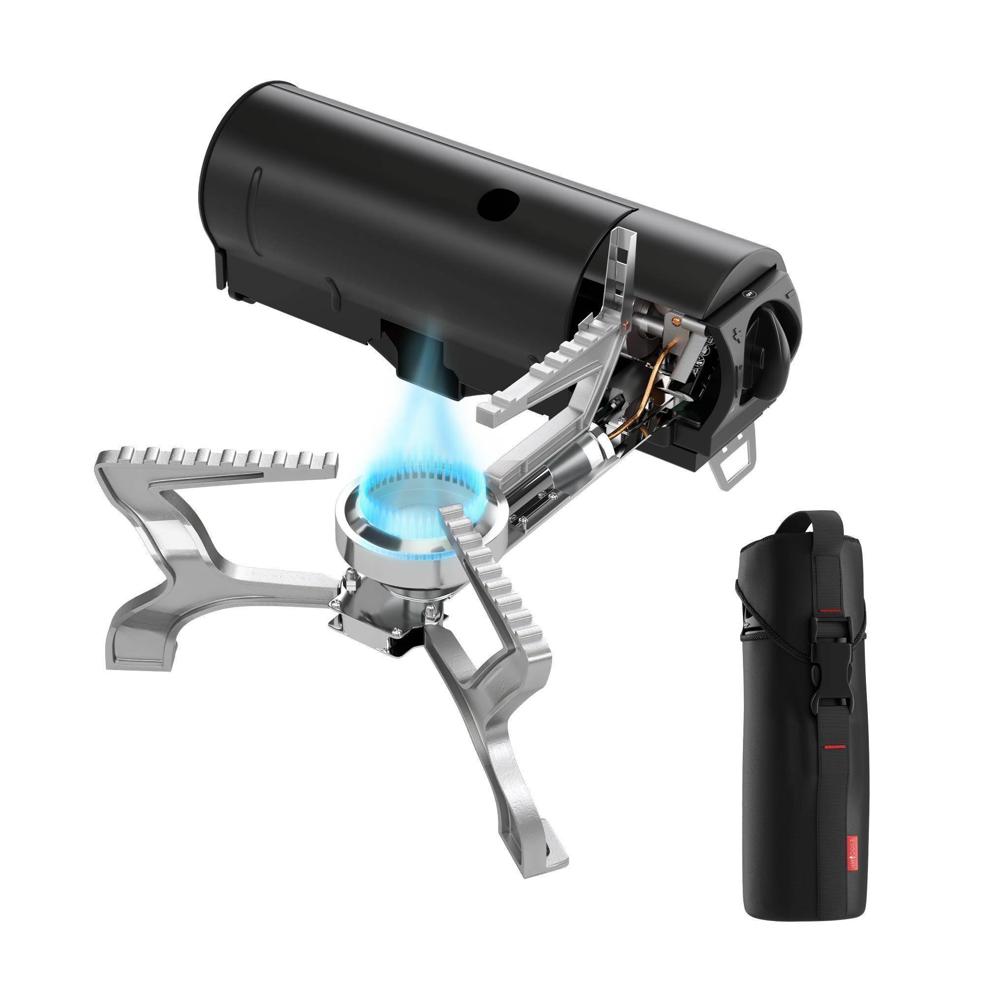 EVOCAMP Klappbarer Gaskocher mit Tragetasche, faltbar mit Piezozündung ohne Wärmeleitblech