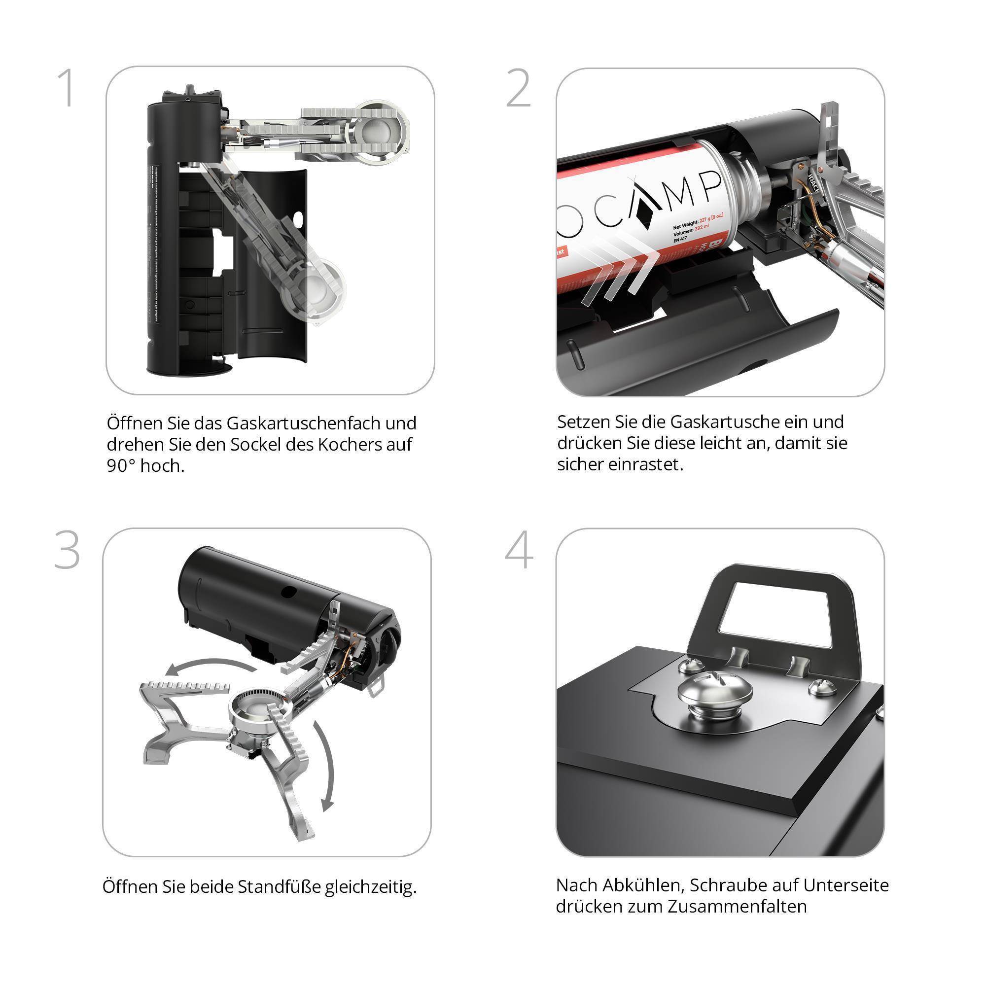 EVOCAMP Klappbarer Gaskocher mit Tragetasche, faltbar mit Piezozündung ohne Wärmeleitblech