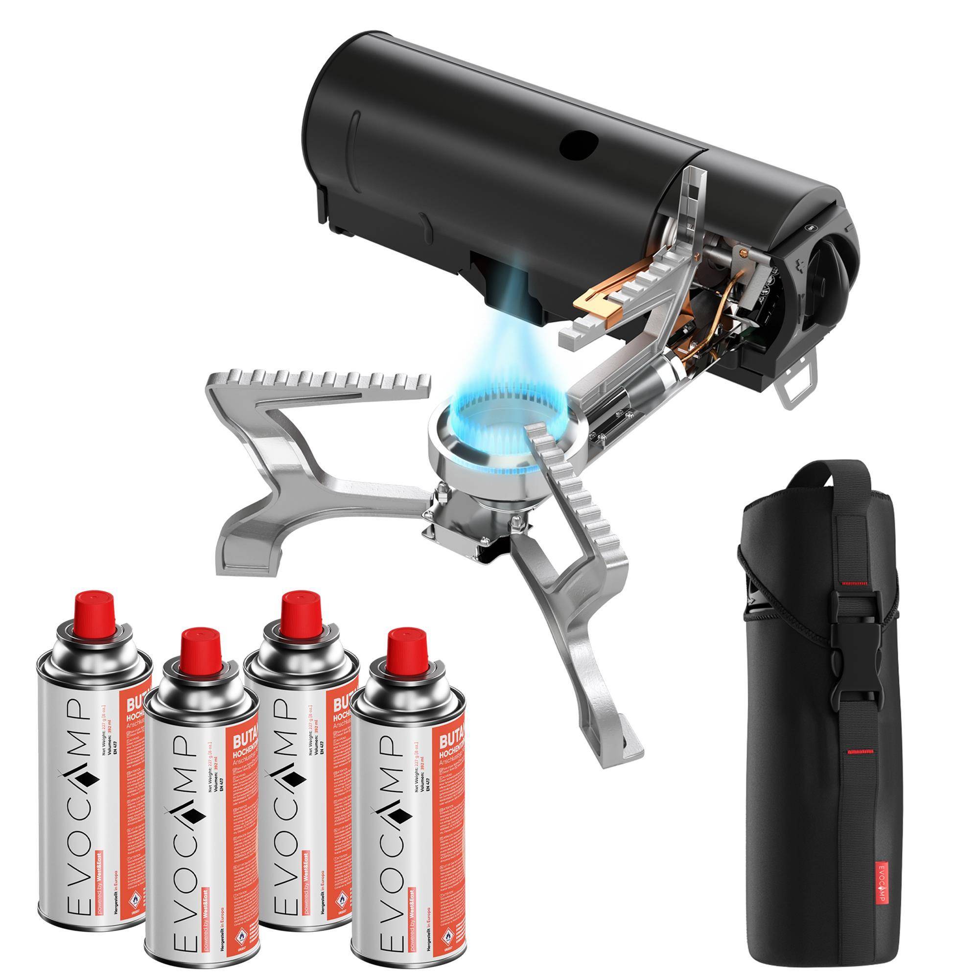EVOCAMP Klappbarer Gaskocher + 4 Gaskartuschen mit Tragetasche, faltbar mit Wärmeleitblech und mit Piezozündung