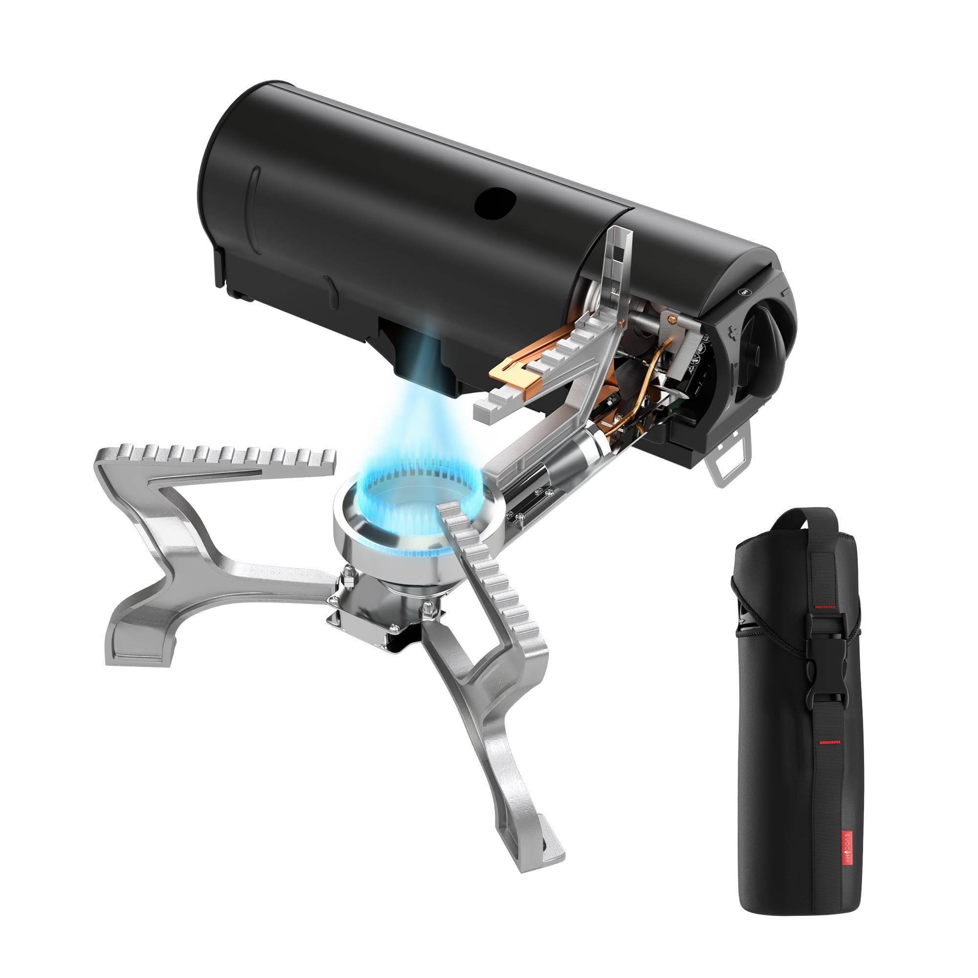 EVOCAMP Klappbarer Gaskocher mit Tragetasche, faltbar mit Wärmeleitblech und mit Piezozündung