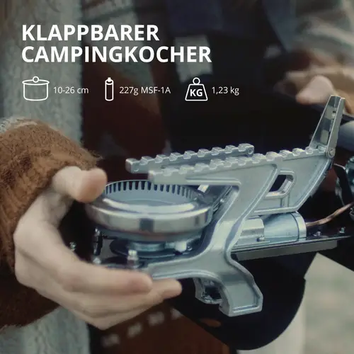 EVOCAMP Klappbarer Gaskocher mit Tragetasche, faltbar mit Piezozündung ohne Wärmeleitblech EVOCAMP Klappbarer Gaskocher mit Tragetasche, faltbar mit Piezozündung ohne Wärmeleitblech