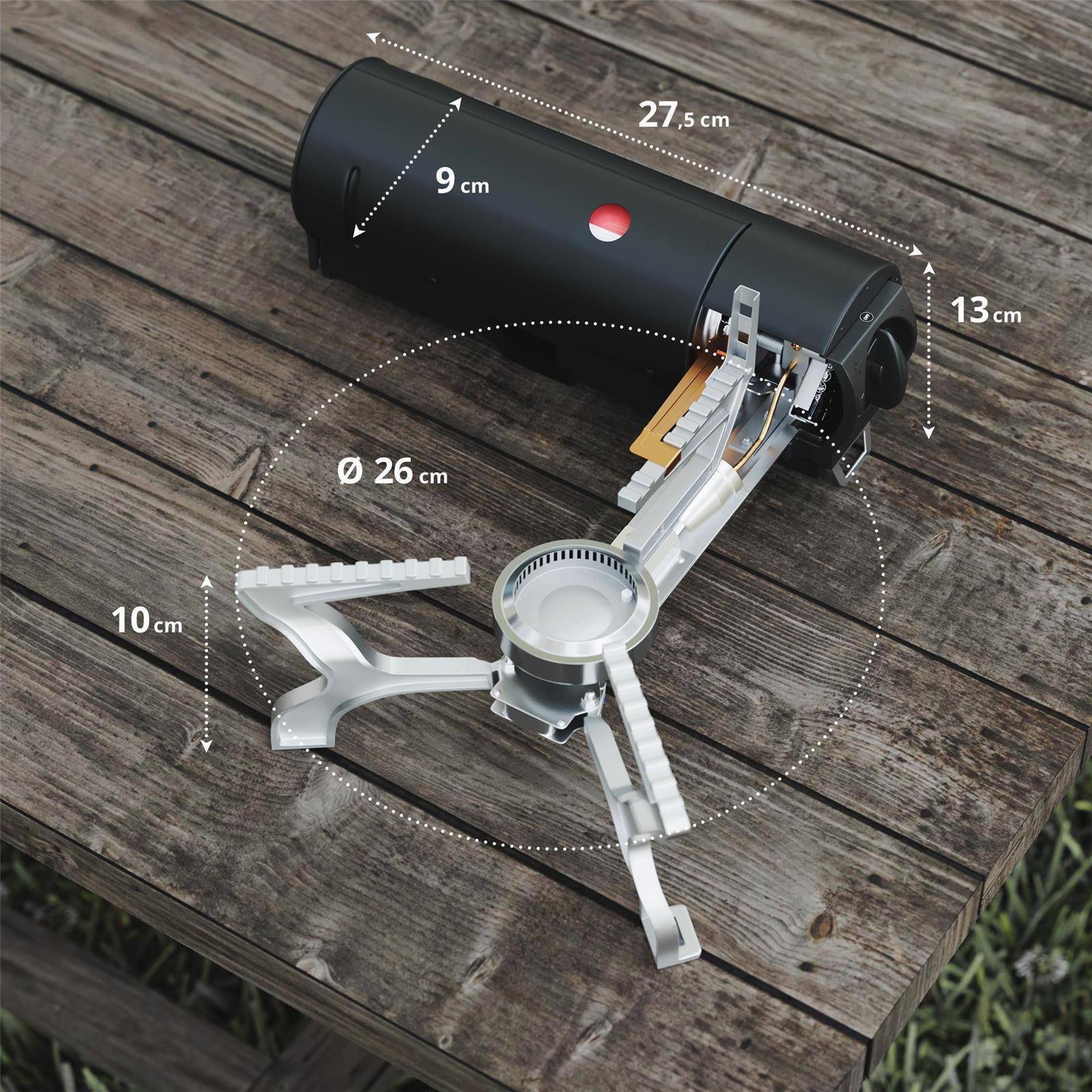 EVOCAMP Klappbarer Gaskocher + 4 Gaskartuschen mit Tragetasche, faltbar mit Wärmeleitblech und mit Piezozündung