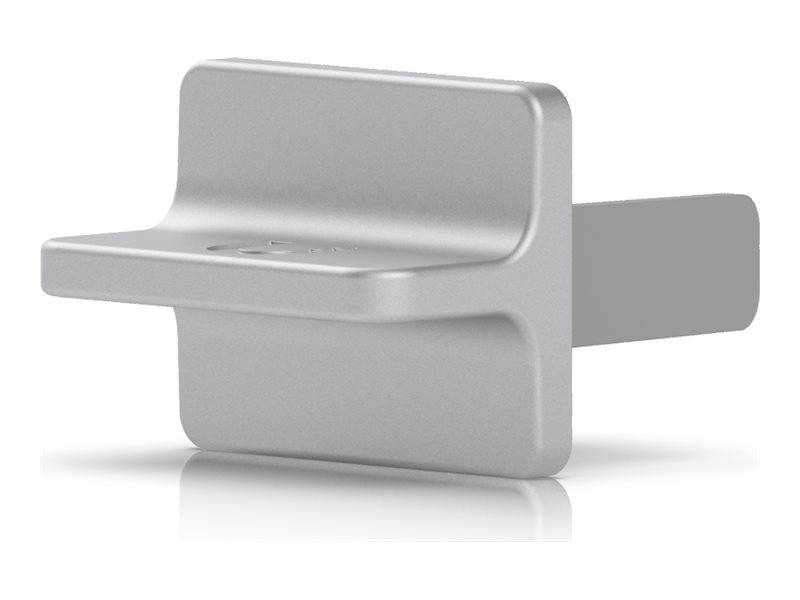 Türgriff aus Silbermetall mit hebel-förmigem Griff und rechteckiger Basis auf weißem Hintergrund.