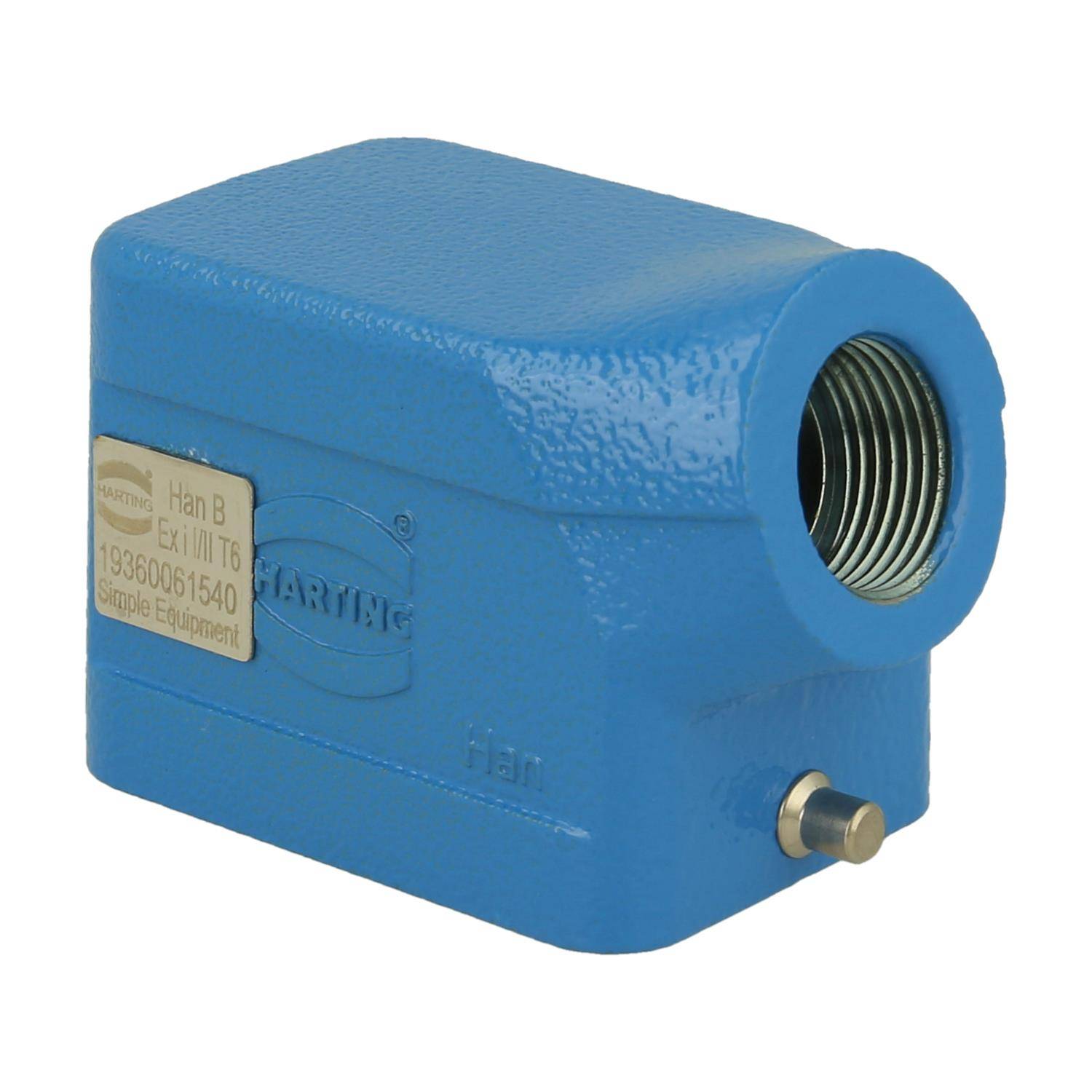 Eine blaue industrielle Gehäuse mit Kabeleinführungspunkt, gekennzeichnet mit 'HARTING Han B', mit Angaben zur Spezifikation für elektrische Ausrüstung.