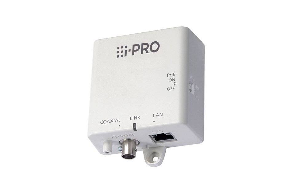 Weißer PRO PoE-Adapter mit Koaxial-, Link- und LAN-Anschlüssen, gezeigt auf einfachem Hintergrund.