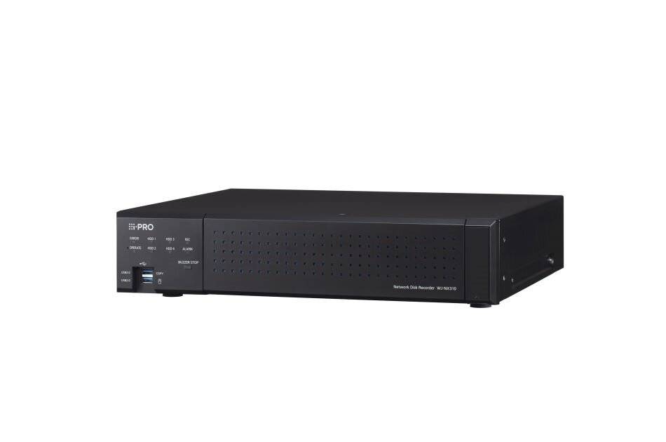 Schwarzer i-PRO Netzwerk-Videorekorder in Vorderansicht mit Statusleuchten, USB-Anschluss und blankem belüftetem Frontpanel auf weißem Hintergrund