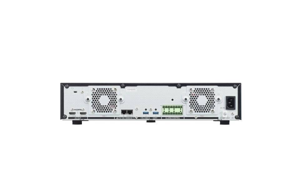 Rückansicht eines Rack-Mount-Elektronikgeräts mit zwei Kühlventilatoren, mehreren Anschlüssen, Klemmleistenverbindern und einem Netzschalter auf der rechten Seite.