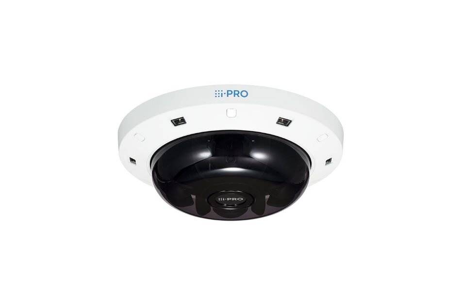 Weiße Dome-Sicherheitskamera mit schwarzem Objektiv auf neutralem Hintergrund, gekennzeichnet mit „i-PRO