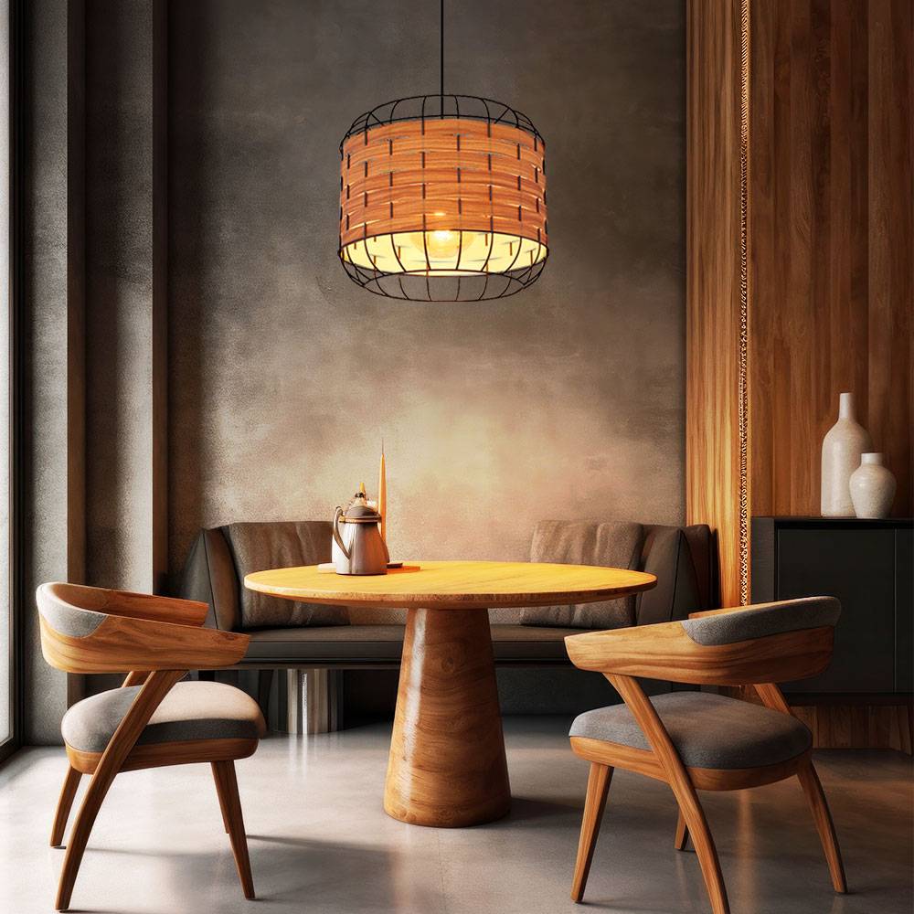 Pendellampe Esszimmerlampe Landhaus Holzoptik Hängelampe Gitterschirm, Metall, schwarz, matt, 1x E27 Fassung, DxH 35x120 cm