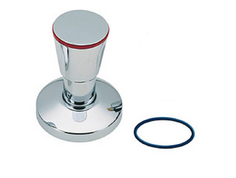 Chrome-Badezimmerhahnarmaturggriff mit einem blauen Ersatz-O-Ring daneben auf weißem Hintergrund.