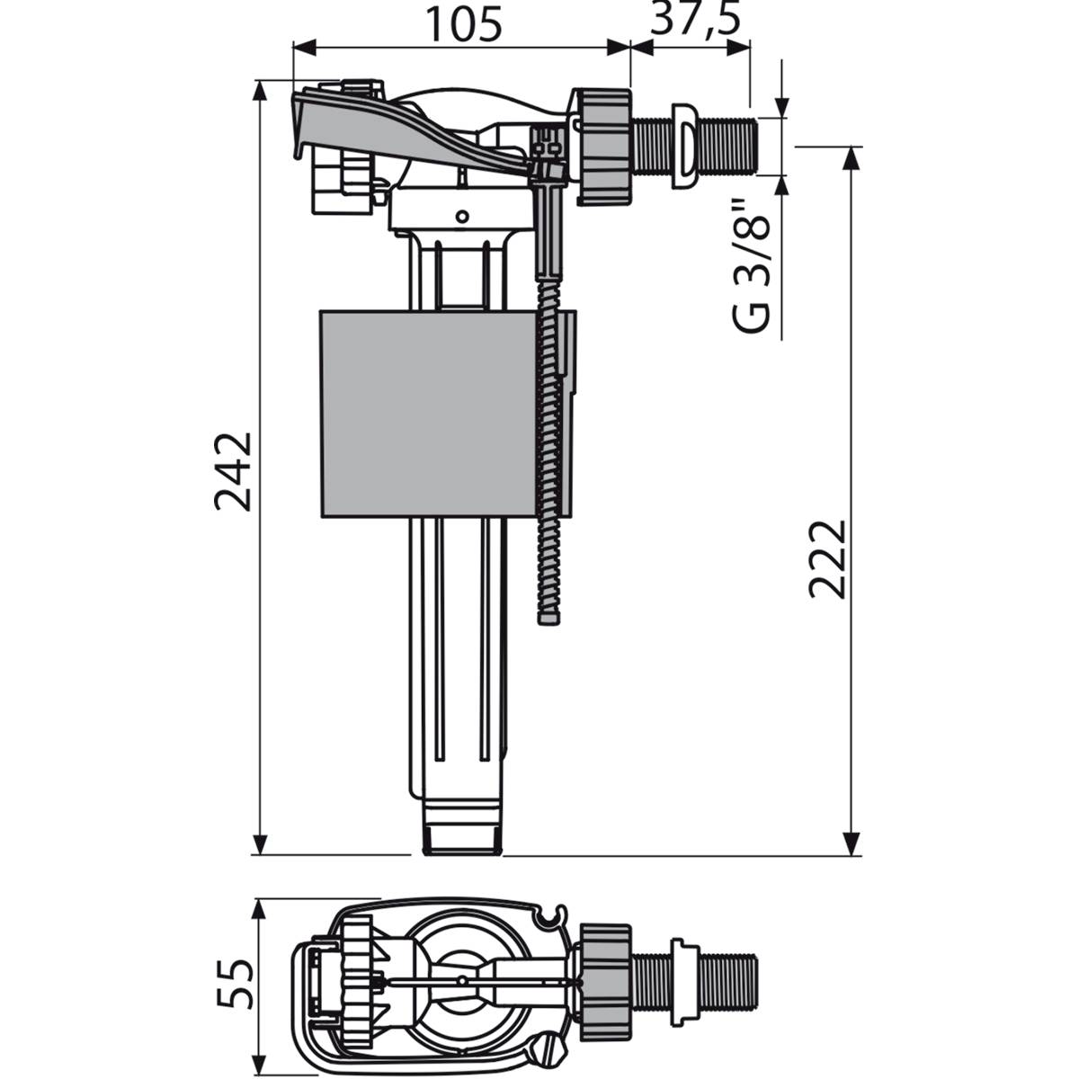 Alcadrain Füllventil A160-3/8" für Keramik-Spülkasten, Zulauf seitlich, Metallgewinde