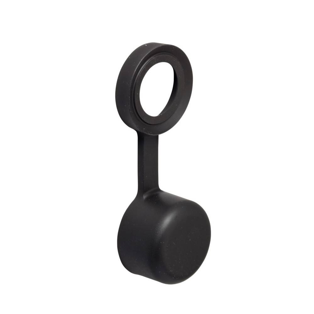 Eine schwarze Plastikkappe mit einem kreisförmigen Schlaufengriff ist zum Verschließen einer Öffnung konzipiert, höchstwahrscheinlich für einen Behälter oder ein Gerät.