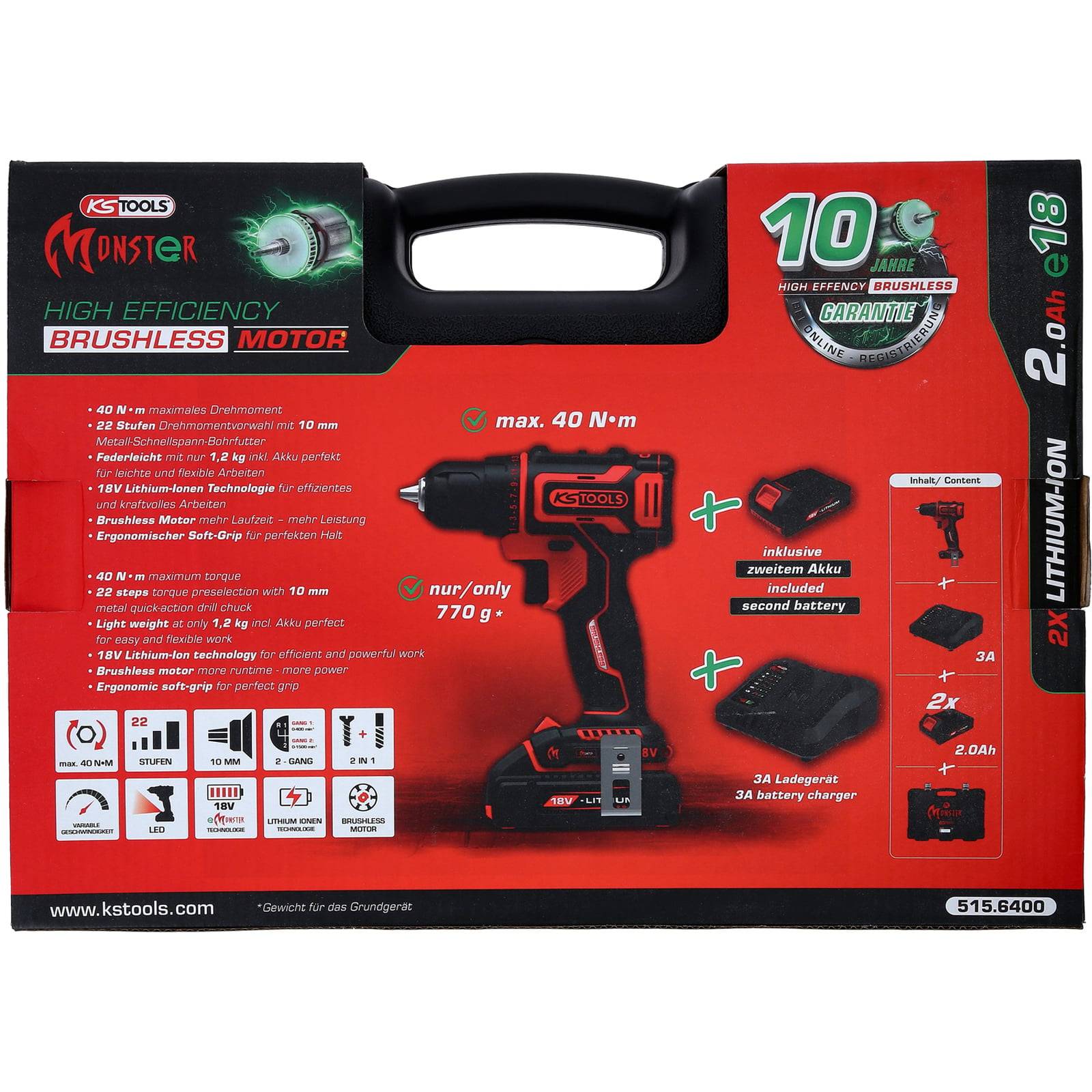 Das Paket „KS Tools Monster bürstenloser Motorbohrer