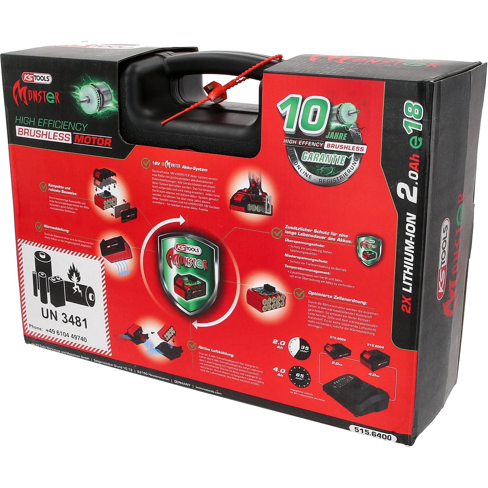 KS Tools Monster Lithium-Ionen-Akkupack für Elektrowerkzeuge. Ausgestattet mit hocheffizienter bürstenloser Motor-Technologie, 2,0 Ah Kapazität, 10 Jahre Garantie.