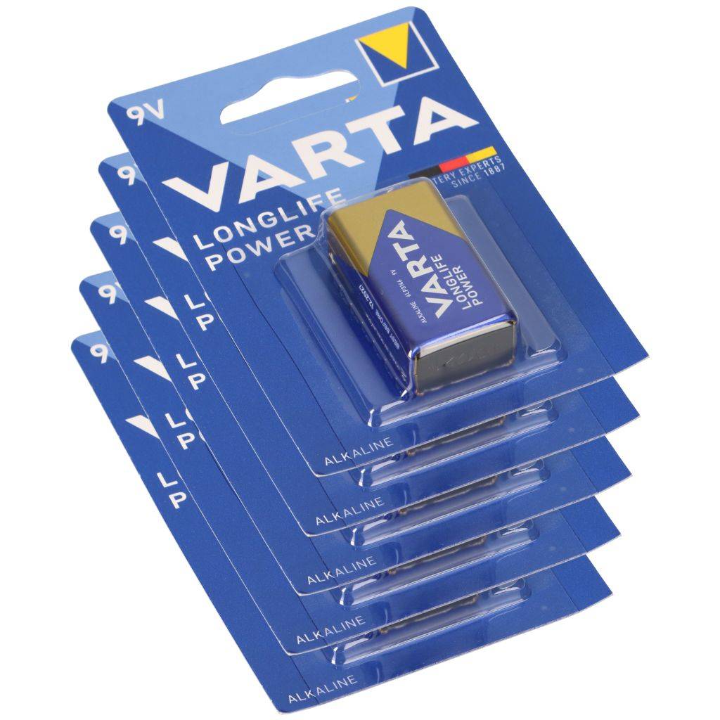 5x VARTA 4922 Longlife Power 9V Block Batterie 6LR61 - passend für Rauchmelder, Messgeräte & Audio