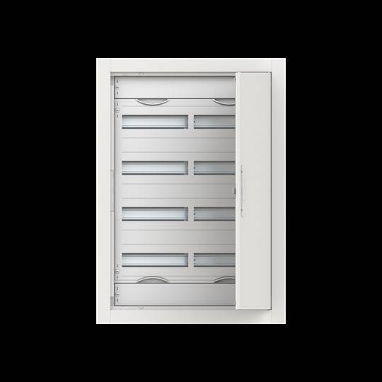 Ein weißes modulares Elektroverteilerkästen mit Reihen horizontaler Schlitze und einer Tür mit Scharnier, die leicht geöffnet ist und Schaltkreiskomponenten im Inneren offenbart.