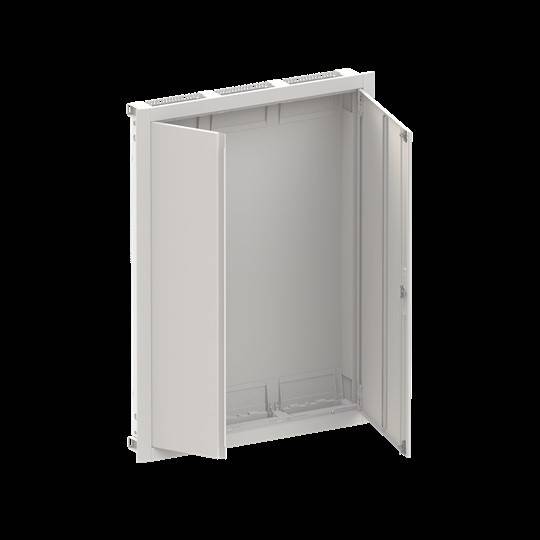 Ein schlichter, offener Metallschrank mit zwei leicht geöffneten Türen, der ein leeres Inneres offenbart, vor einem schwarzen Hintergrund.