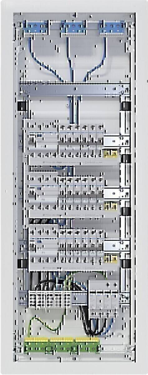 Ein elektrischer Schaltschrank mit mehreren Sicherungsautomaten und Kabeln, sauber organisiert, der ein komplexes, aber geordnetes Stromnetz anzeigt.