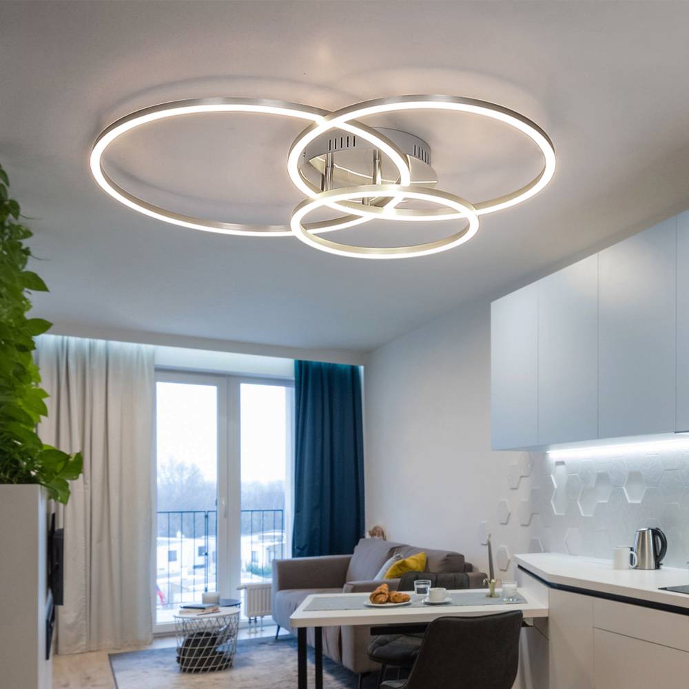 Deckenlampe Designleuchte Wohnzimmer Deckenleuchte 3 flammig, Ring Design Metall weiß opal nickel, LED 40 Watt 1770 Lumen warmweiß, HxLxB 10x68x55cm