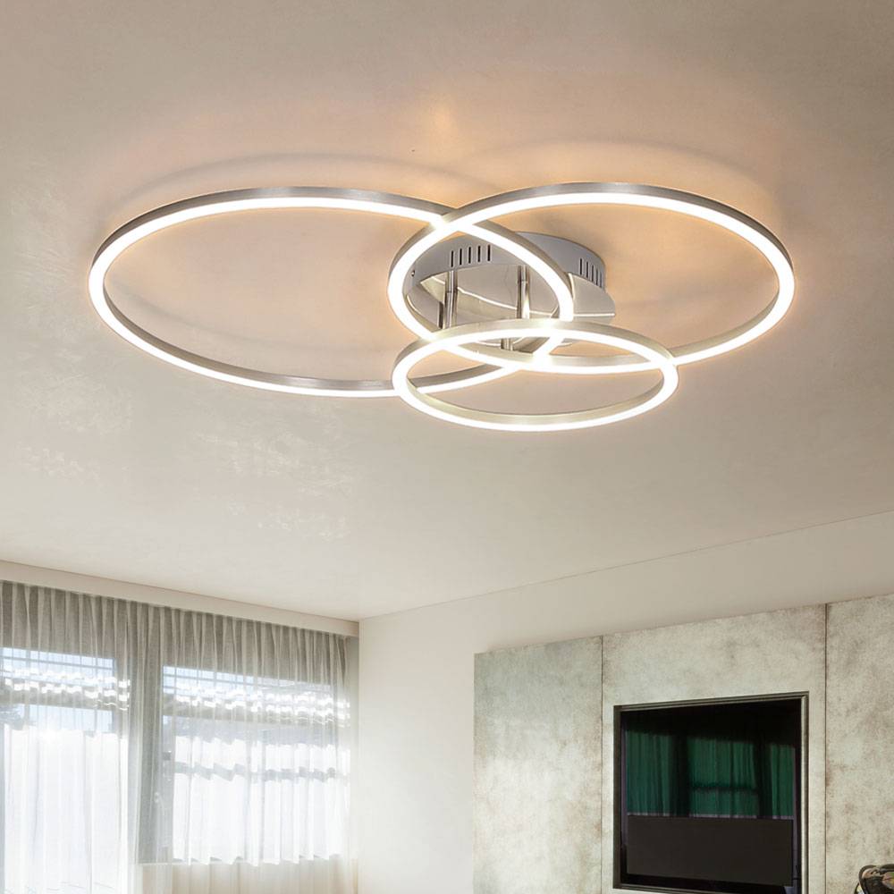 Deckenlampe Designleuchte Wohnzimmer Deckenleuchte 3 flammig, Ring Design Metall weiß opal nickel, LED 40 Watt 1770 Lumen warmweiß, HxLxB 10x68x55cm