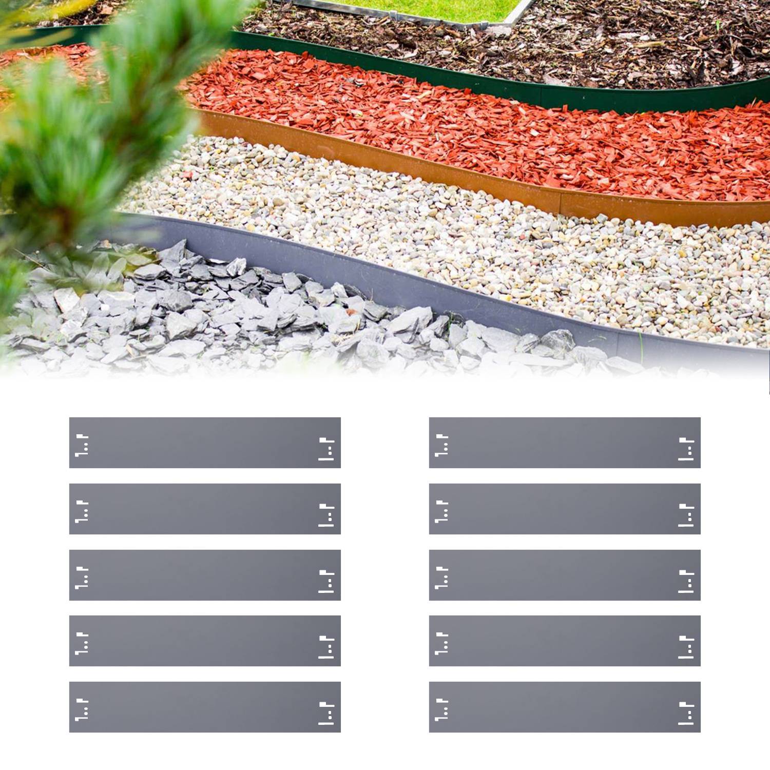 10er Set Rasenkanten Metall 18.5 cm hoch, 12 m lang | Beeteinfassung, Farbe:ohne Farbe