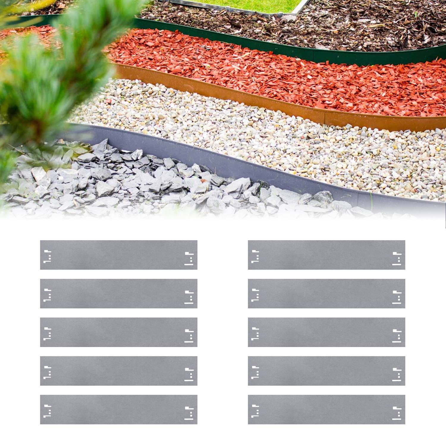10er Set Rasenkanten Metall 13.5 cm hoch, 12 m lang | Beeteinfassung, Farbe:ohne Farbe