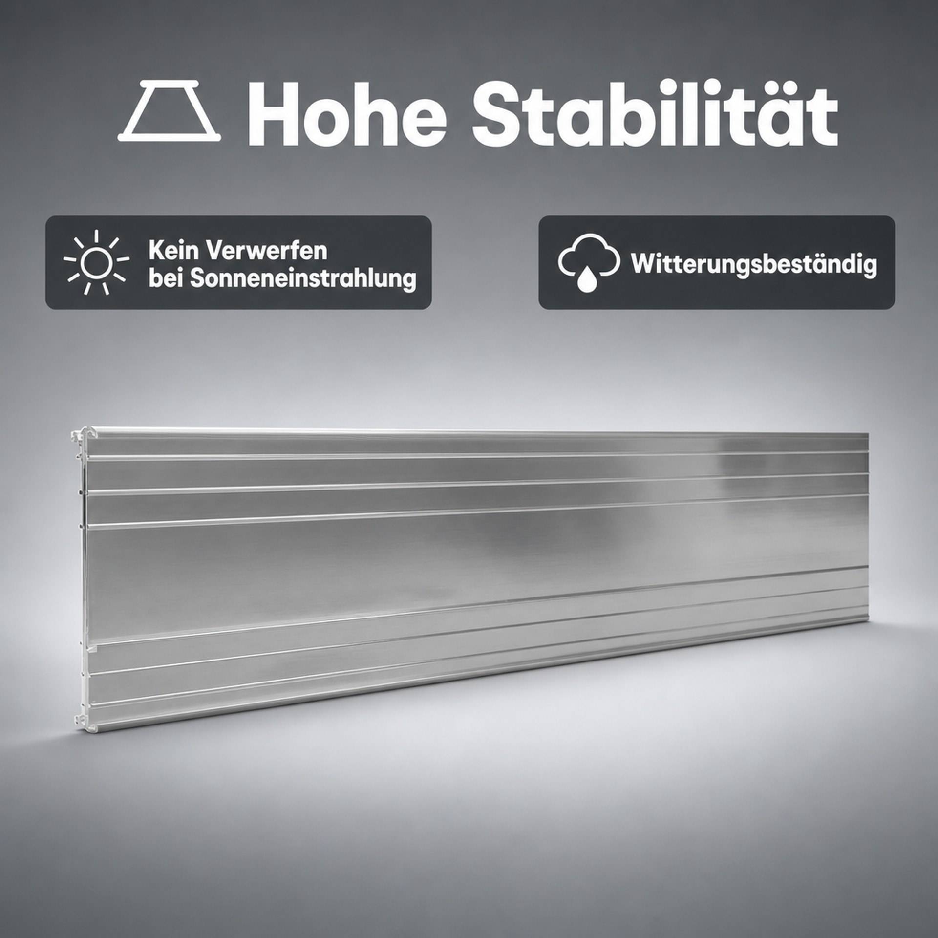 Silbermetallplatte, die als hochgradig stabil, witterungsbeständig und verformungsfrei bei Sonneneinstrahlung angepriesen wird.