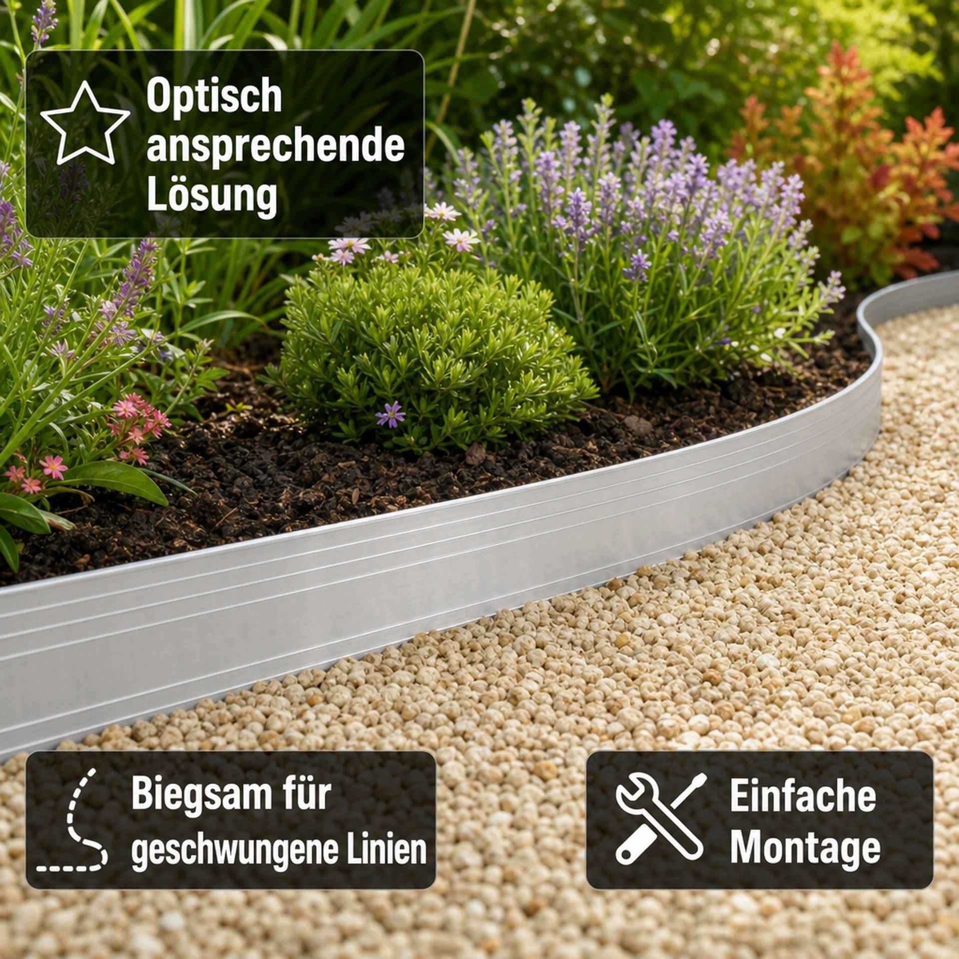 Gebogene Garteneinfassung, die das Pflanzenbeet vom Kiesweg trennt, mit Text, das ein attraktives Aussehen, Flexibilität für gebogene Linien und einfache Installation hervorhebt.
