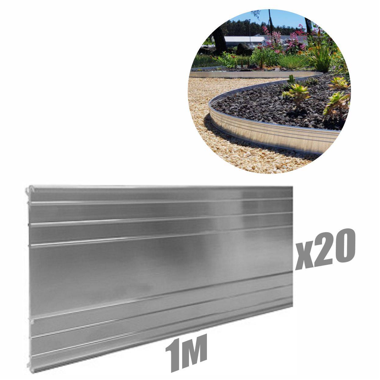 20er Set Ultra Starke Alu Rasenkanten 24cm x 1m (20m lang), Farbe:ohne Farbe