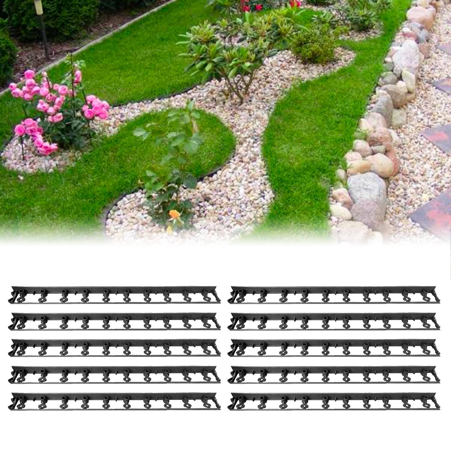 10er Set Rasenkante aus Kunststoff 10m | Beeteinfassung | Beetumrandung | Palisaden Kunststoff