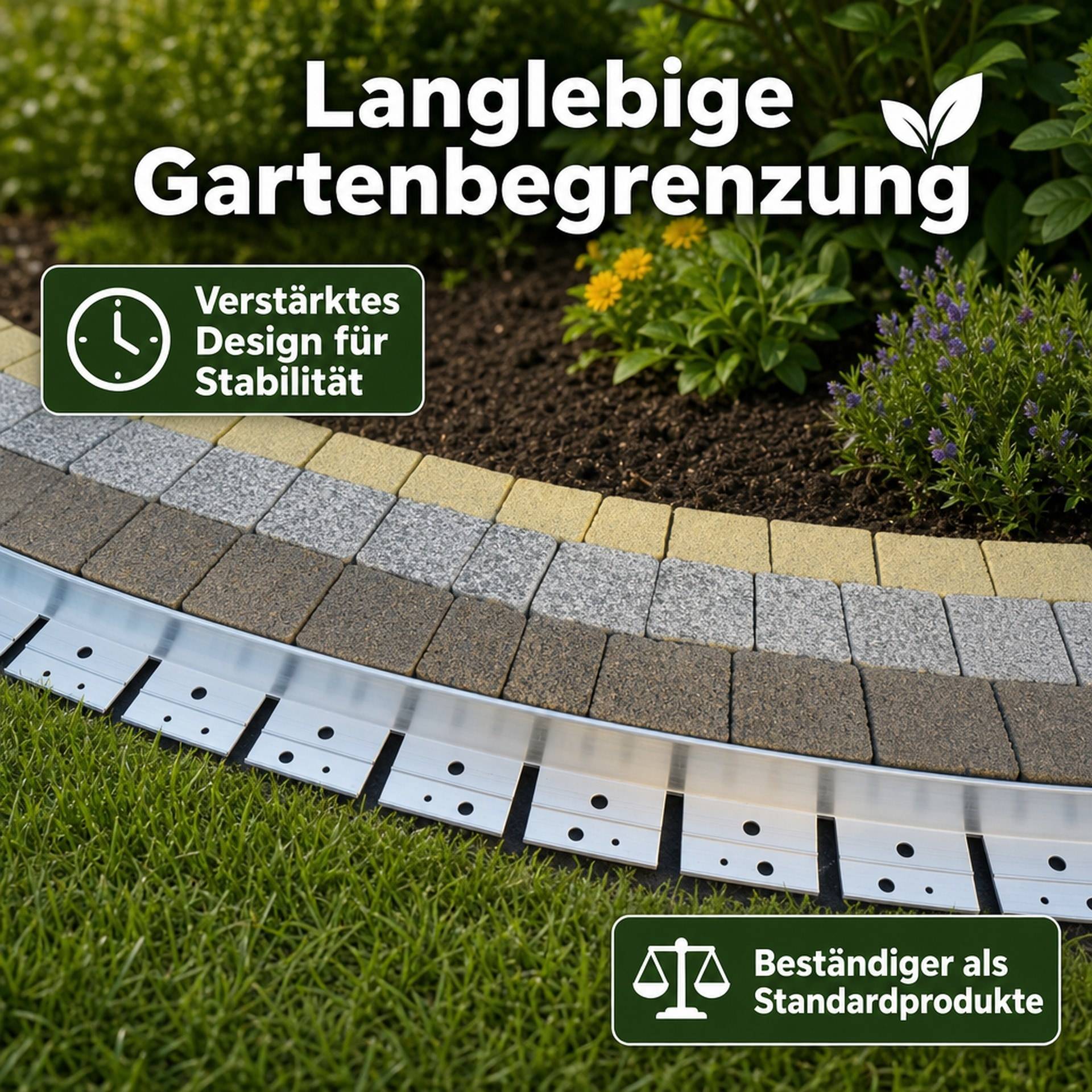 Werbebild eines strapazierfähigen Garteneinfassungsprodukts, das geschwungene Einfassungen entlang eines Blumenbeets und Rasens zeigt, mit dem Text „Langlebige Gartenbegrenzung" und „Verstärktes Design für Stabilität"", „Beständiger als Standardprodukte"".
