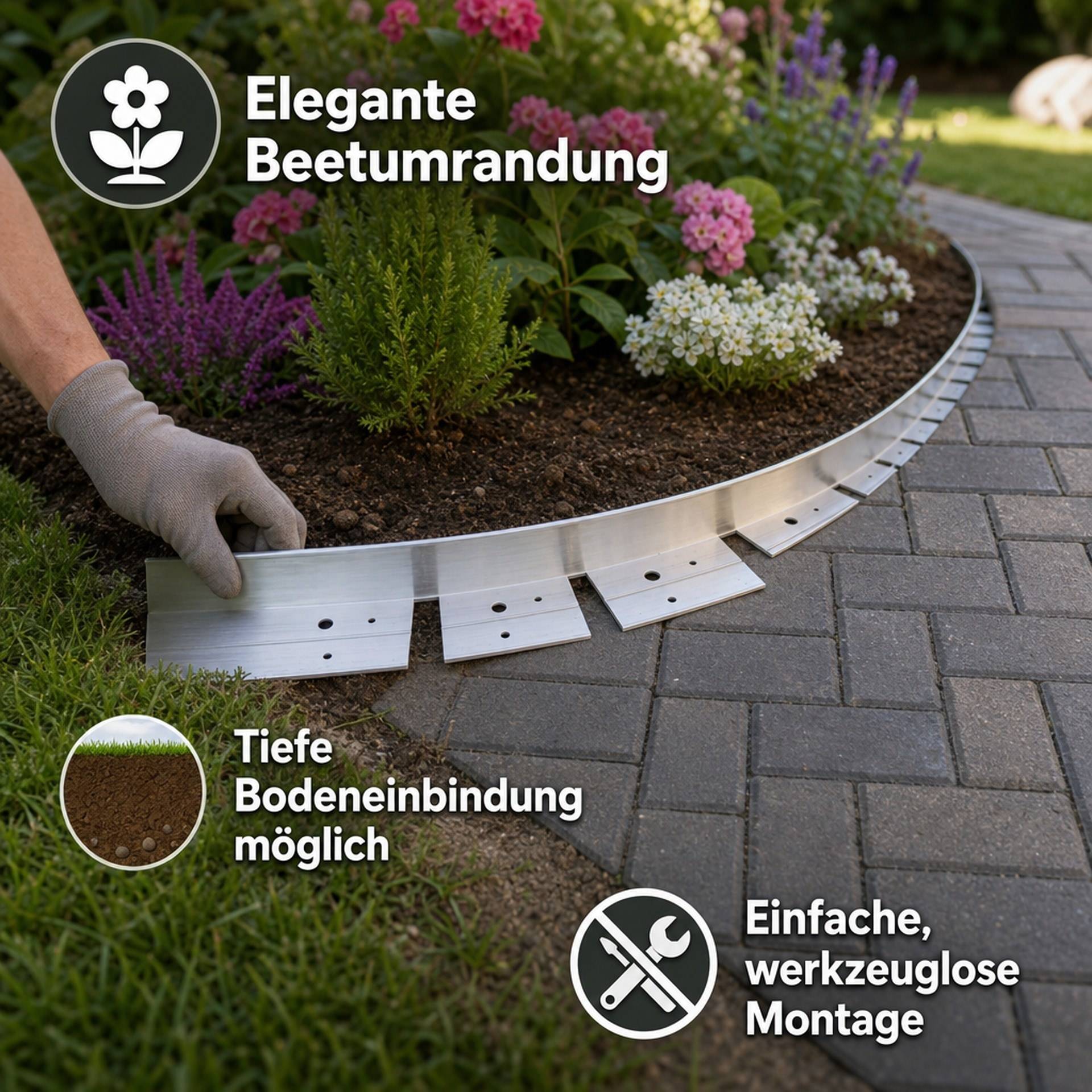 Gartenumrandung wird um ein Blumenbeet herum installiert, mit Text, der „Elegante Beetumrandung", tiefe Bodenverankerung und mühelose werkzeugfreie Installation bewirbt.