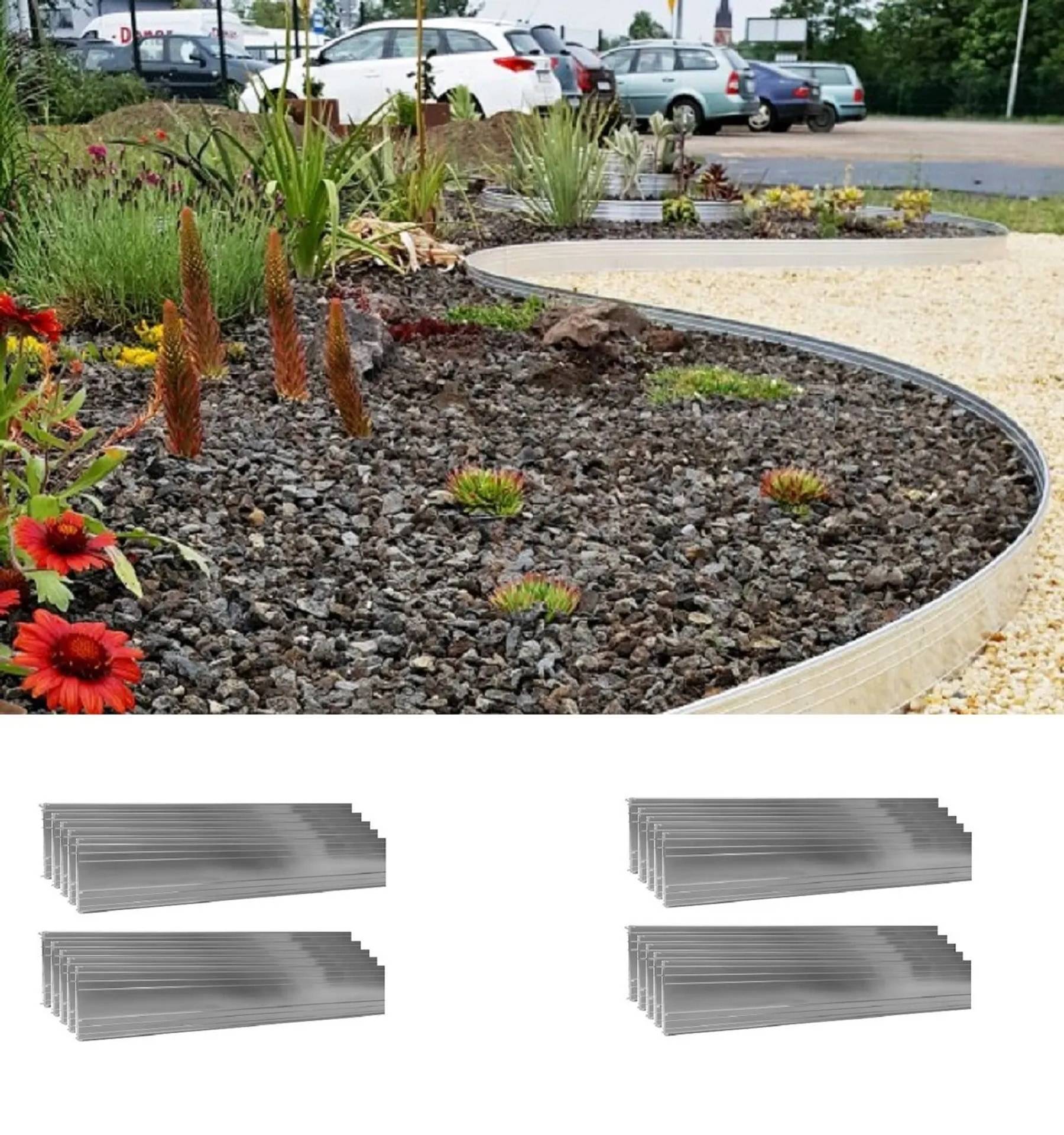 Fotos eines gestalteten Kiesgartes mit geschwungenen Einfassungen und Blumen sowie Stapel von grauen Metalleinfassungspaneelen auf weißem Hintergrund.