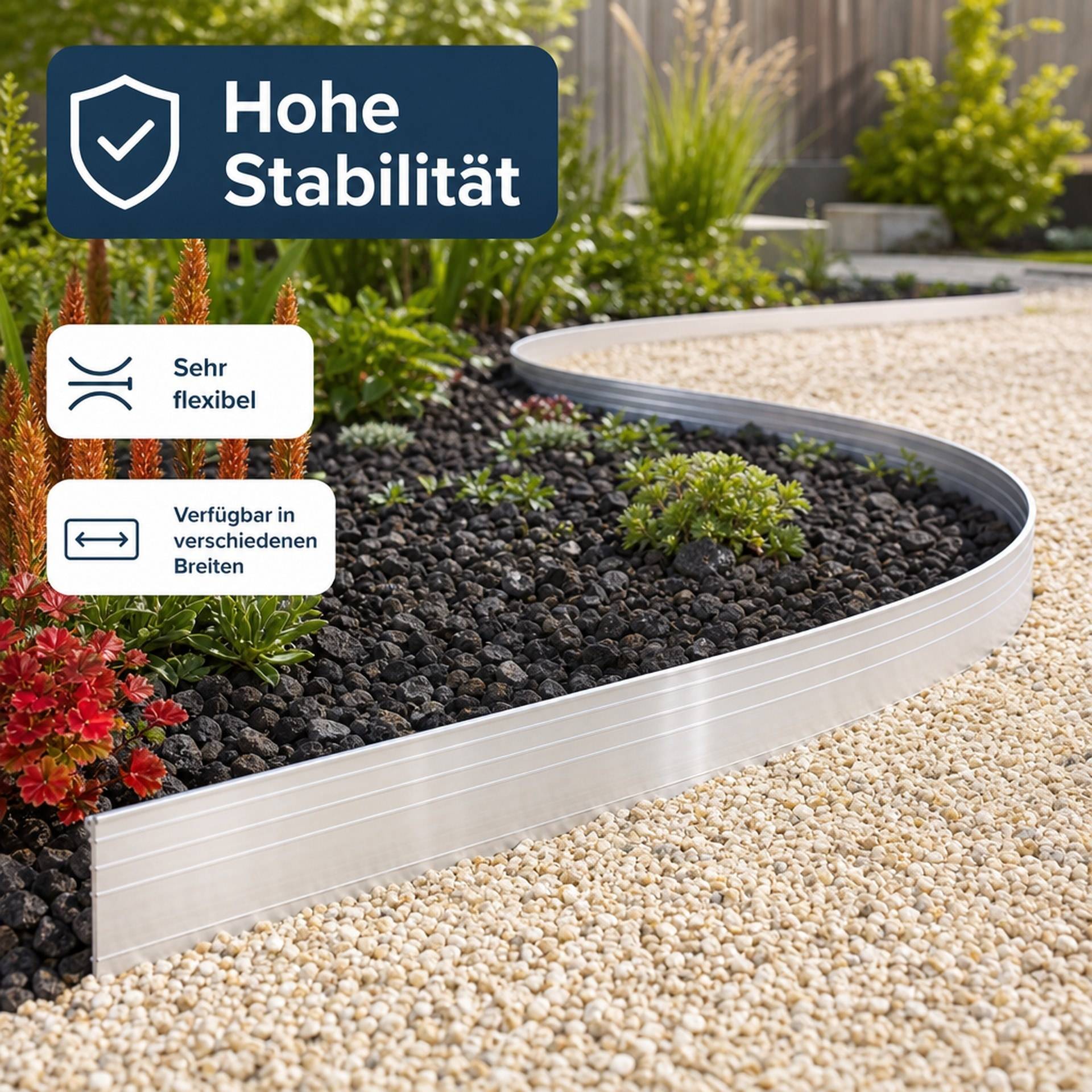 Garteneinfassung mit gebogenem weißem Metallrand, beschriftet mit „Hohe Stabilität", „Sehr flexibel"" und „Verfügbar in verschiedenen Breiten"".