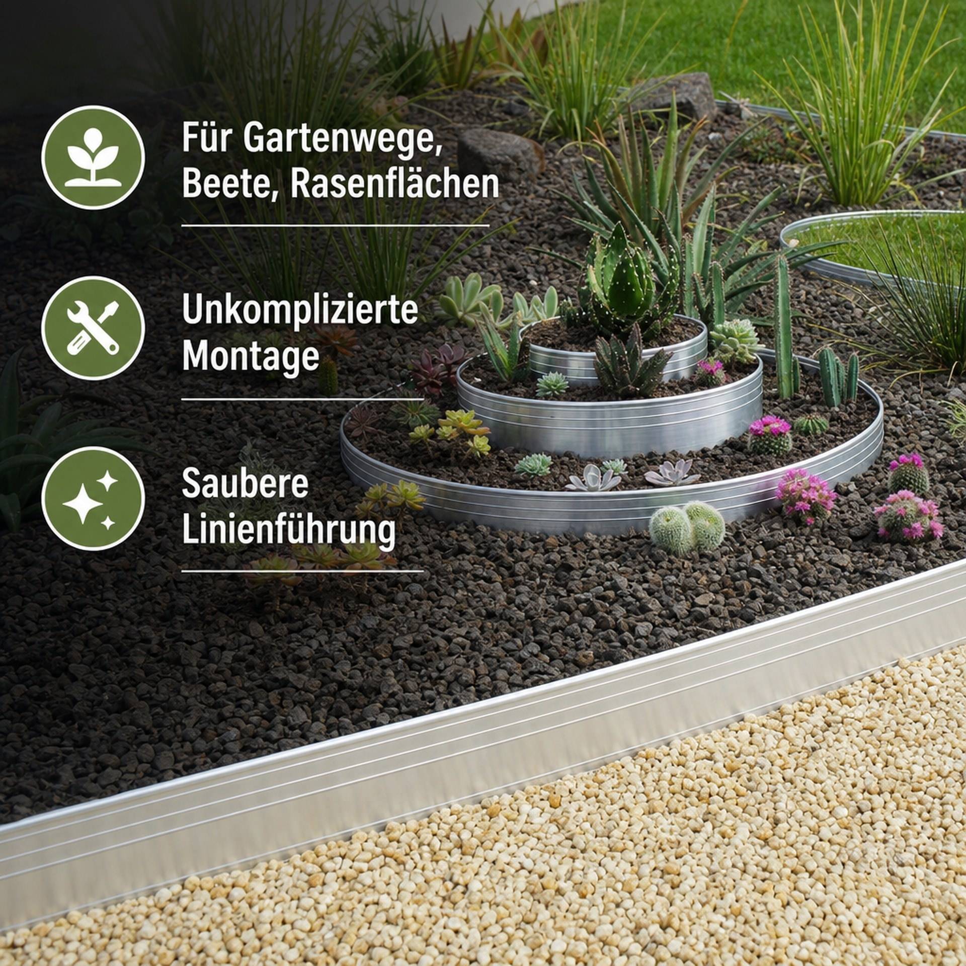 Landschaftseinfassung rund um Beete und Wege installiert, mit deutschem Text, der einfache Installation und saubere Linien für Rasen, Beete und Wege hervorhebt.