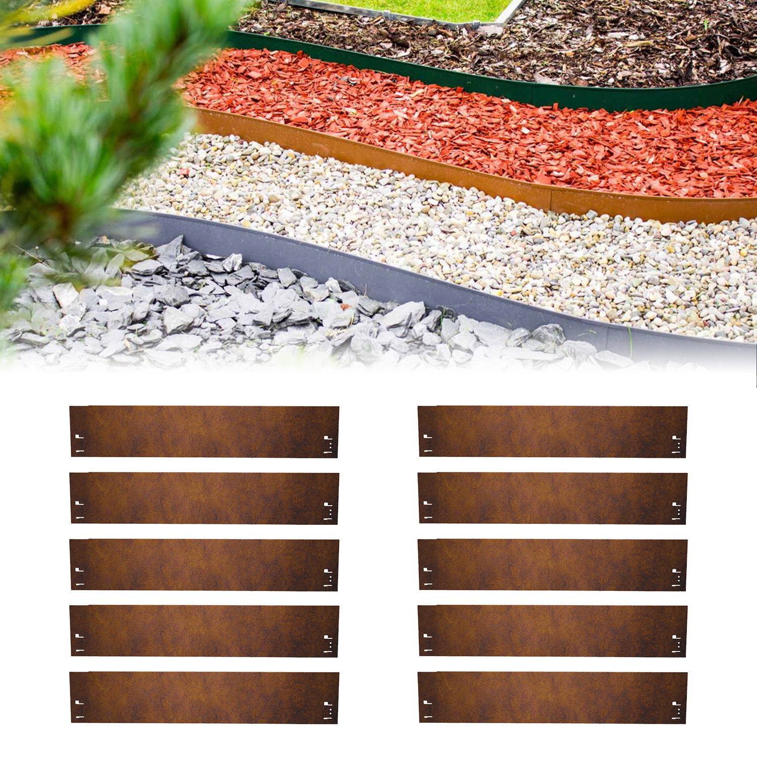 10er Set Rasenkante Cortenstahl 70 cm lang, Beeteinfassung - Metall feuerverzinkt, Width:13.5 cm