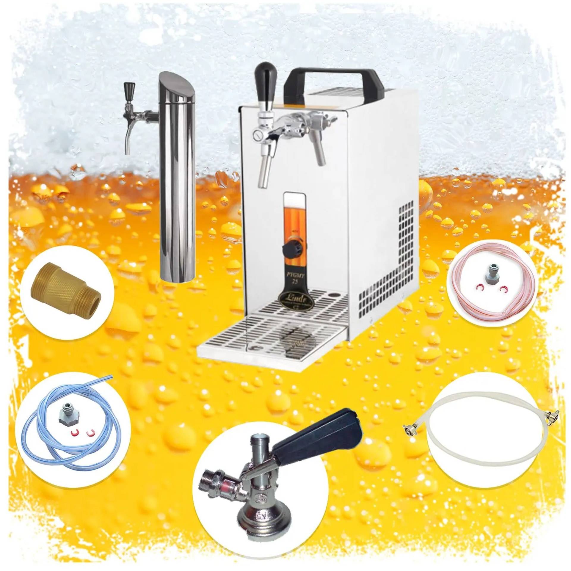 Bierfass-Zapfanlage mit Zapfhähnen und Armaturen, gezeigt mit Schlauch, Kupplung, Klemme und Gasanschlusskomponenten auf einem schaumigem Bierhintergrund.
