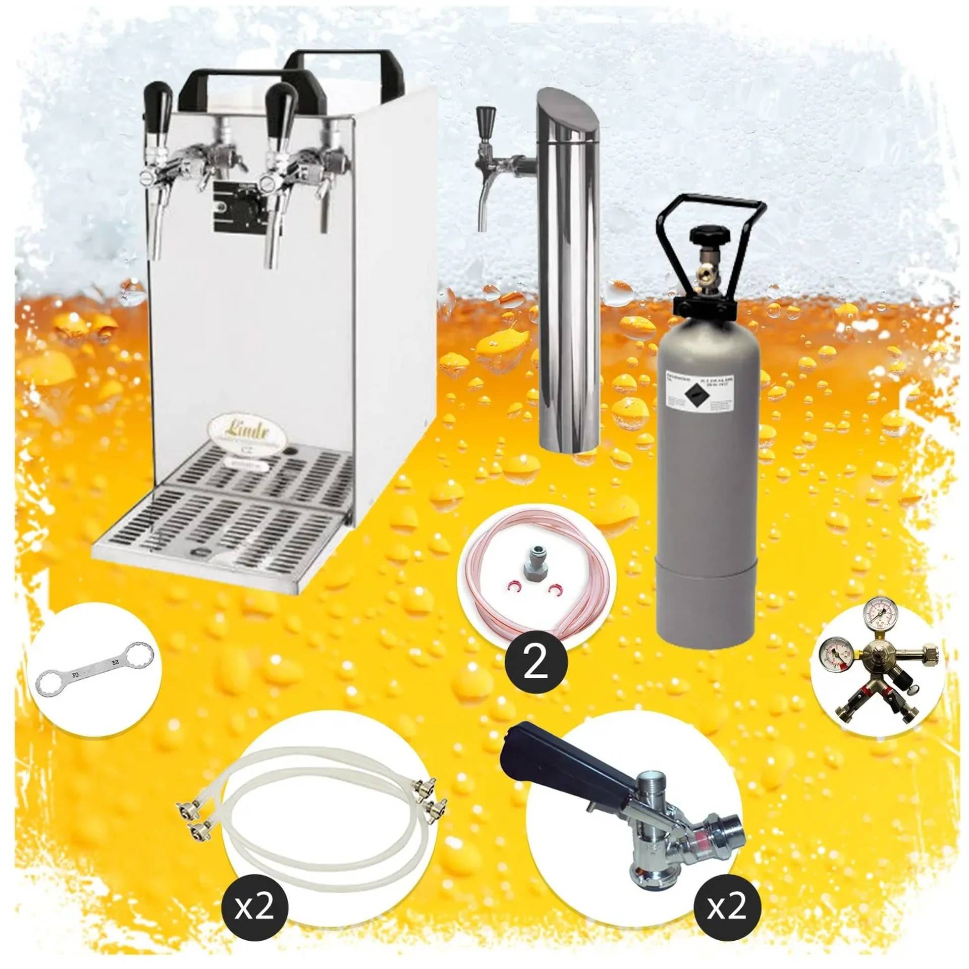 Collage von Zapfanlagenkomponenten für Fassbier: ein Kegerator-Zapfhahn, CO2-Flasche, Zapfsäule, Regler, Schlauch und Fassanschluss mit je 2 Kennzeichnungen.